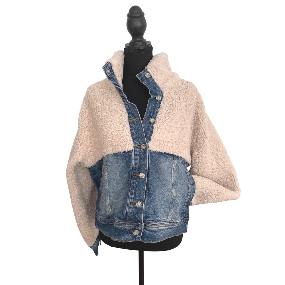 Roxy Denim Sherpa Jacket Womens L Blue Cream Mixed Media Boho Gorpcore NWT Cozy